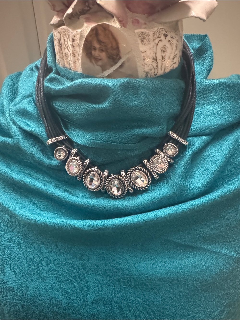 Vintage Lia Sophia Black Multi-Strand Cord Rhinestone Statement Necklace